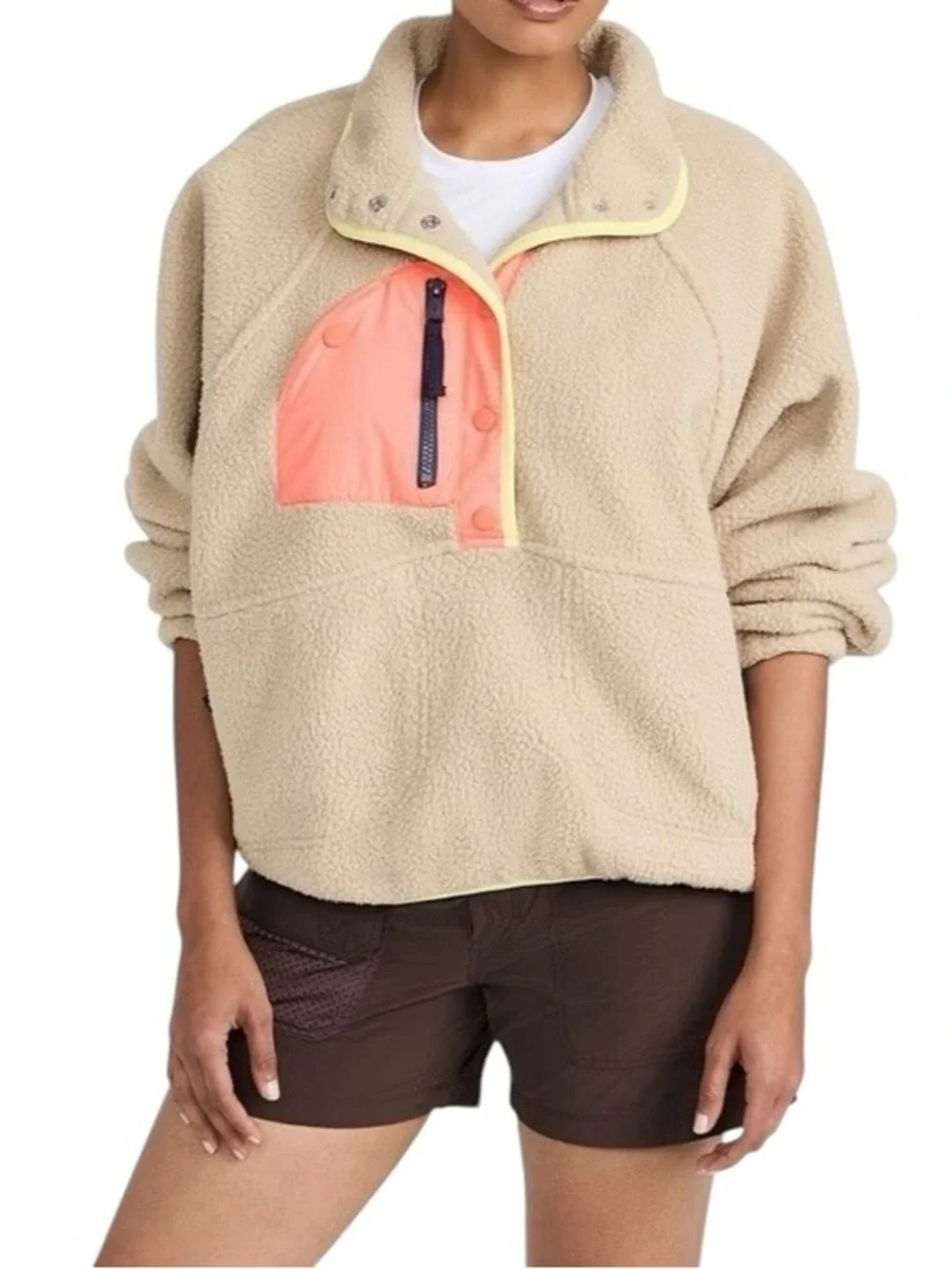 Free People FP Movement Hit The Slopes Fleece Pullover XL Tan Orange Colorblock